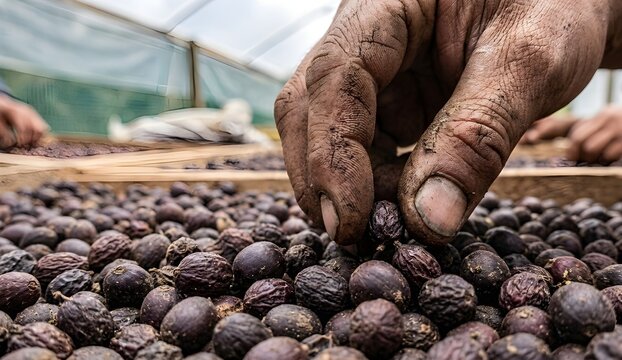Farmer Sorting Drying Coffee Cherries on Raised Beds
