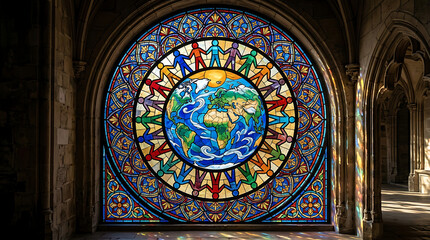 Obraz premium Ornate stained glass window depicting global unity with earth and diverse people