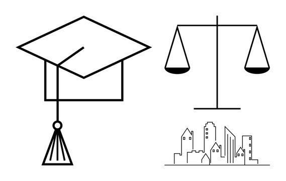 Education, justice, urban planning, social equality, legal rights, modern governance. Graduation cap, justice scales cityscape. Education and justice icons governance and equality