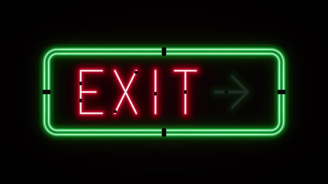 Bright red neon exit sign with green border and arrow on black background