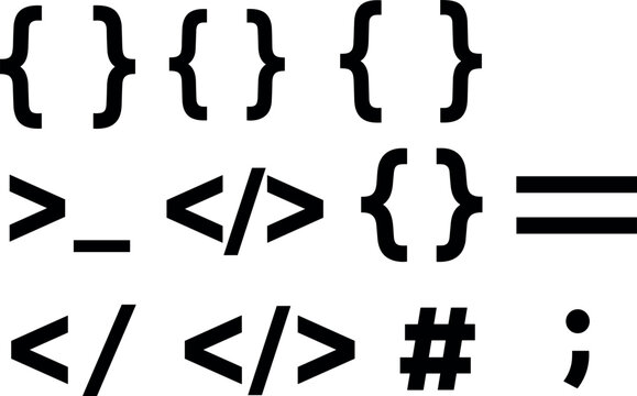 Computer programming syntax and coding signs set with curly braces brackets html tags code command prompt and semicolon symbols