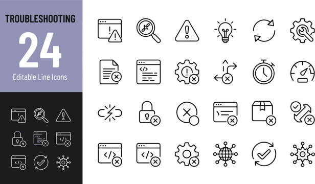 Troubleshooting and Error Line Icons Set for Software Diagnostic, Bug Fixing, Website Technical Support, System Maintenance, UI UX App Design and Website Development