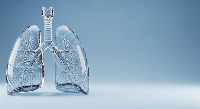 Glass lungs model with trachea on blue background for medical education purposes clearly shown