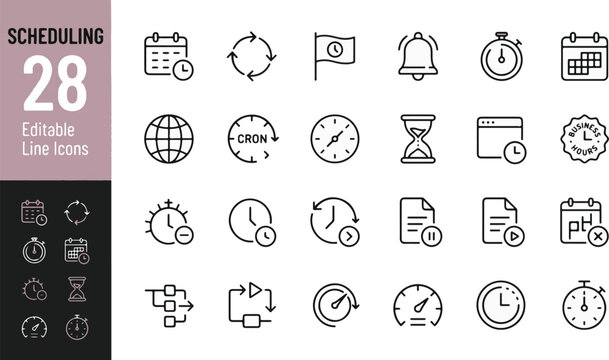 Scheduling and Time Management Line Icons Set. Vector Outline Calendar, Clock, Cron Job, and Stopwatch Symbols for Business UI UX App Design and Productivity Platforms.