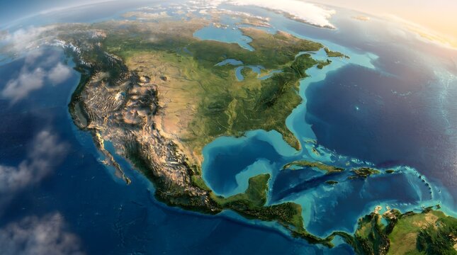 North America globe view shows the expansive continent surrounded by deep blue oceans with realistic lighting and atmospheric clouds.