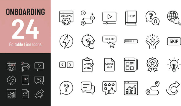 Onboarding and User Journey Line Icons Set for UI UX Web Design. Minimalist Step by Step Tutorial Vector Symbols for App Onboarding, Software Walkthrough, and Help Centers.