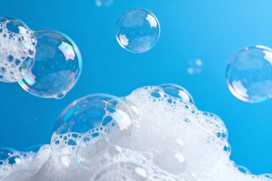 Bubbles and foam on blue background