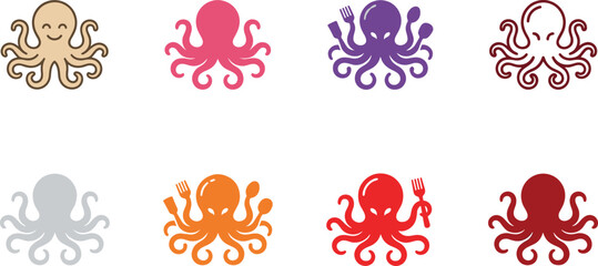Collection of colorful octopus icons with cutlery for culinary branding © PUTUL