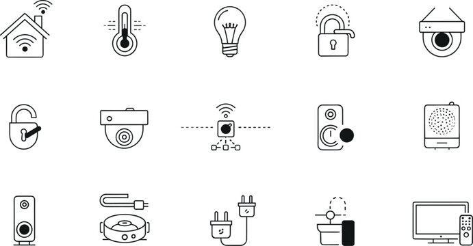 Modern home automation outline icons featuring smart locks climate control thermometers security surveillance cameras and household systems