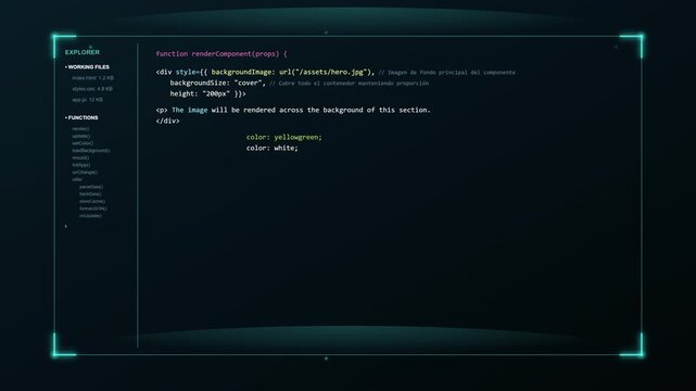 Animation of a futuristic HUD computer interface displaying lines of HTML and CSS code along with visual data graphics. Concept of software development, cybersecurity, and coding technology