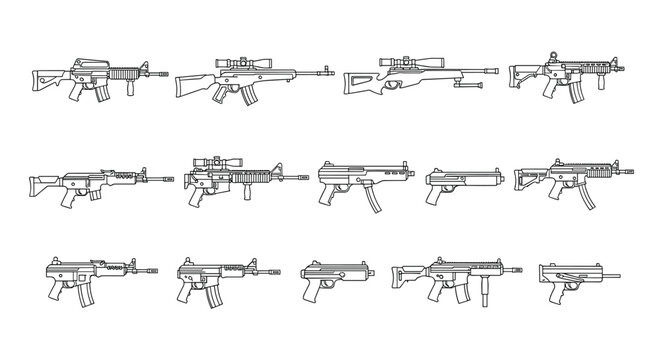 Comprehensive collection of detailed line art sketches depicting various modern assault rifles and submachine guns.