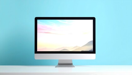 Fototapeta premium Modern Monitor Screen Displayed on Light Pastel Blue Background for Digital Workspace and Technology Presentation Concept