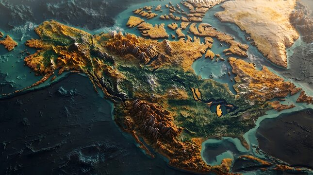 North America relief model displays the dramatic elevation changes and complex geological structures of the entire continental landmass.