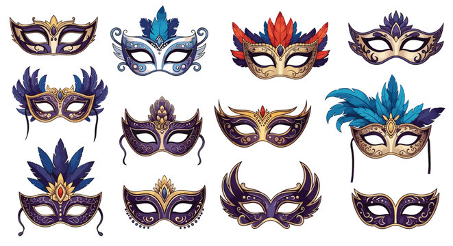 Set of ornate masquerade masks decorated with feathers and intricate patterns suitable for carnival, ball, or theater themes.