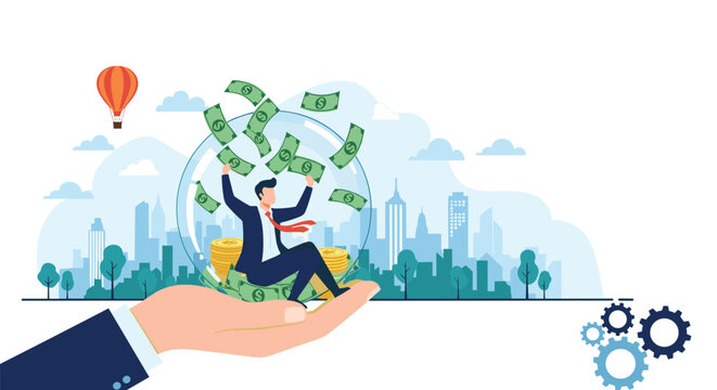 Conceptual business illustration showing a businessman sitting inside a glass sphere filled with money held by a giant hand.
