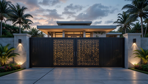 Modern tropical luxury villa exterior with black main entrance gate featuring illuminated laser cut geometric pattern panels at sunset