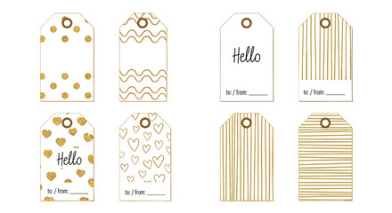 Obraz premium Elegant collection of eight gift tags featuring white backgrounds with gold glitter patterns including dots, hearts, and stripes.