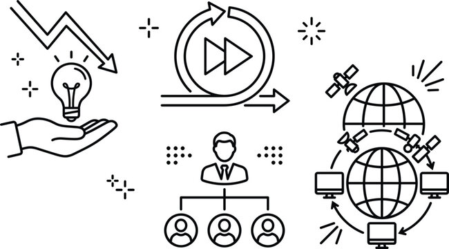 Business crisis management agile fast forward and global communication line icon set for leadership hierarchy organization structure solutions