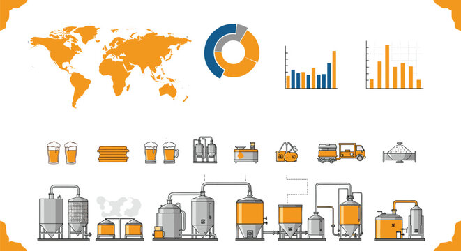 Comprehensive infographic set about the beer brewing process featuring a world map, bar charts, and factory equipment icons.