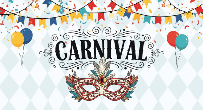 Festive carnival celebration background with a central mask, colorful bunting, balloons, and confetti over a diamond pattern.