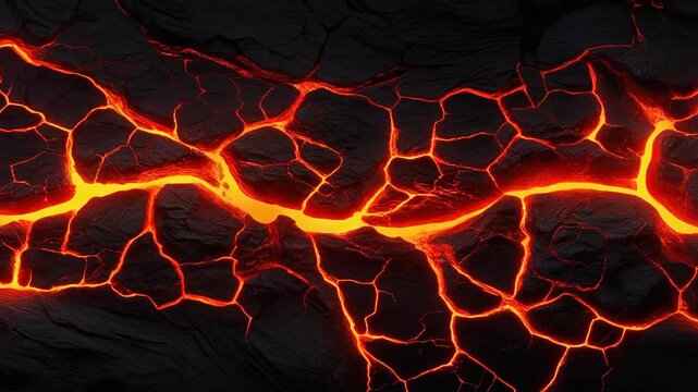 Molten lava flow through cracked volcanic rock. Glowing orange magma streams between black basalt stones. Static camera shot capturing intense heat and thermal energy.