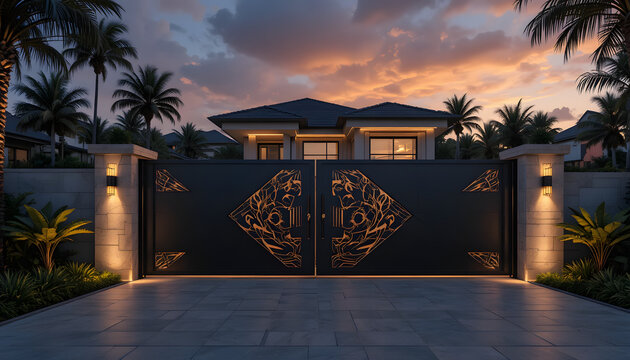Modern luxury villa exterior with elegant black main gate featuring illuminated laser cut geometric patterns at golden hour sunset