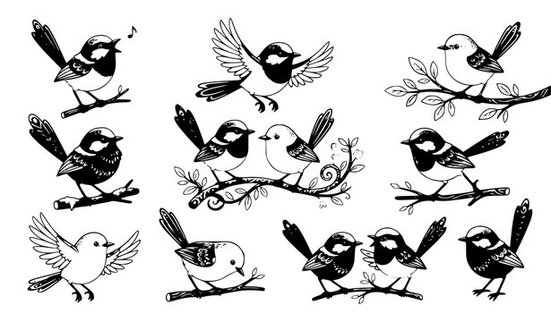 Cute Superb Fairywren Bird Cartoon Vector Illustration Set with Branches and Feathers
