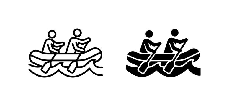 Rafting Icons: Two People Paddling Inflatable Boat, Water Adventure