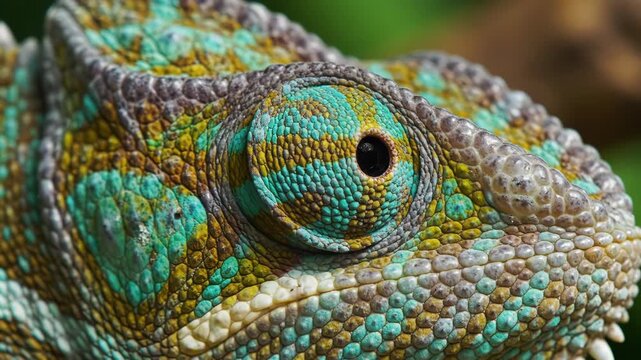 Extreme macro close-up of a chameleon's eye and vibrant scaly skin featuring turquoise, yellow, and brown patterns. Detailed view of the turret-like eyelid and granular skin texture.