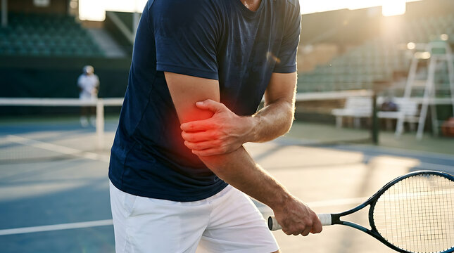 Male Tennis Player with Elbow Pain on Court. Sports Injury, Tendinitis, Athlete Joint Pain & Physical Therapy Concept