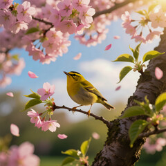 Obraz premium Yellow Bird Amidst Falling Cherry Blossoms in Spring