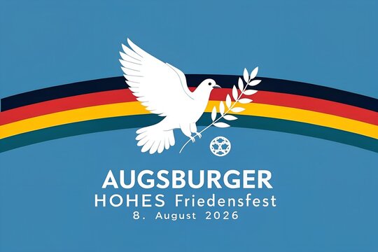 White dove carrying an olive branch above the text for the Augsburger Hohes Friedensfest celebrating peace and harmony in the city during the summer festival held on August eighth twenty twenty-six