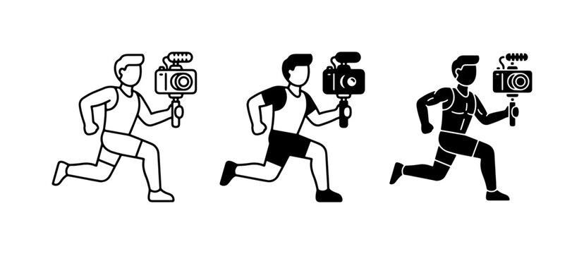 Running Videographer Icon Set, Action Camera Journalist, Sports Filming Vector