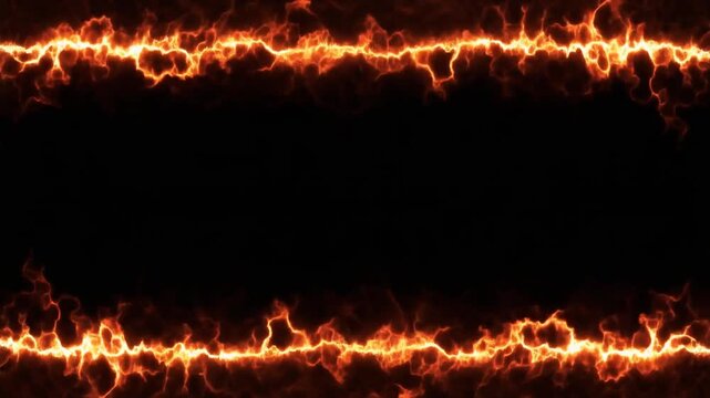 Fire line glowing on black background. Horizontal flame border with orange and red sparks. Cinematic fire effect for video editing and motion graphics overlays.