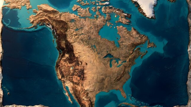 North America landmass emerges from deep blue ocean waters displaying realistic continental coastlines and intricate terrain relief.