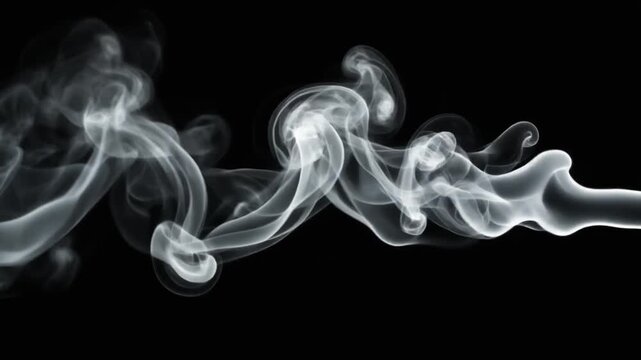 White smoke wisps and flowing vapor curves against a solid black background. Abstract swirling motion of steam or incense. High contrast monochrome video footage for overlays.