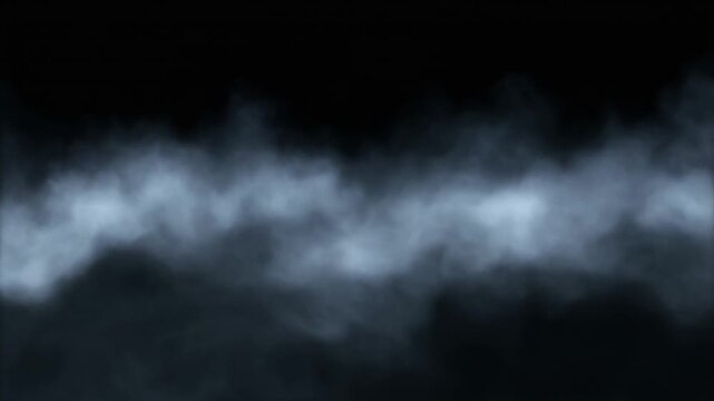 Blue grey smoke billowing across a solid black background. Atmospheric fog overlay effect for cinematic video compositing. Static camera capturing wispy cloud vapor elements.