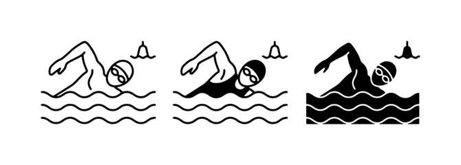 Swimmer Icons: Freestyle Stroke, Water Waves, Competition Buoy Set © Rashed