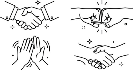 Fototapeta premium Business handshake fist bump and high five line icons set for partnership success cooperation greeting and teamwork concept