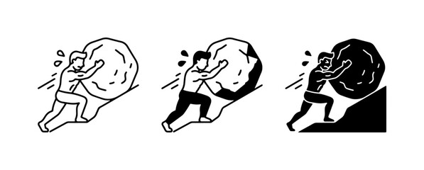 Man Pushing Boulder Uphill, Effort, Struggle, Perseverance Icons © Tanzila