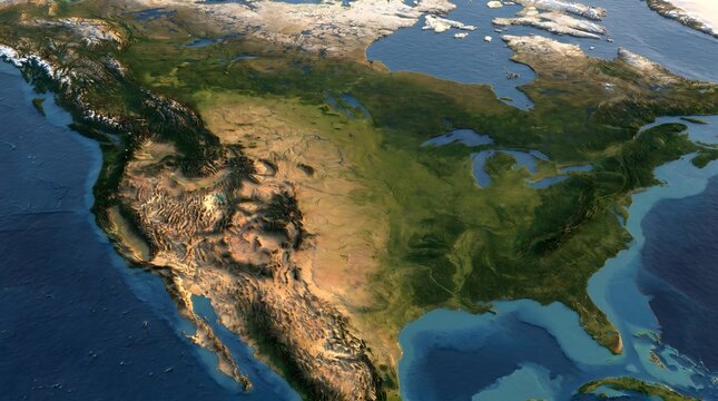 North America satellite rendering illustrates the lush green forests and arid desert regions across the vast continental landmass.