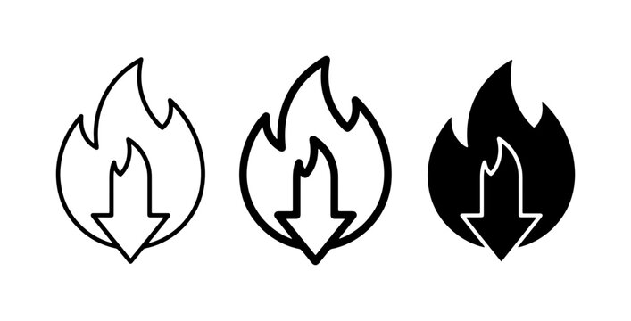 Fire Icon Set, Hot Trend Down Arrow, Heat Symbol Vector Graphics