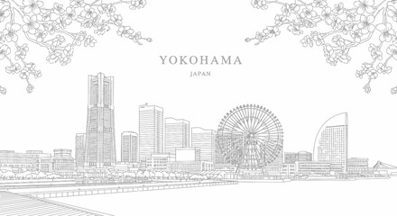 A lineart illustration of the Yokohama skyline featuring the Landmark Tower and Cosmo Clock 21 Ferris wheel framed by cherry blossoms © Julian Vance