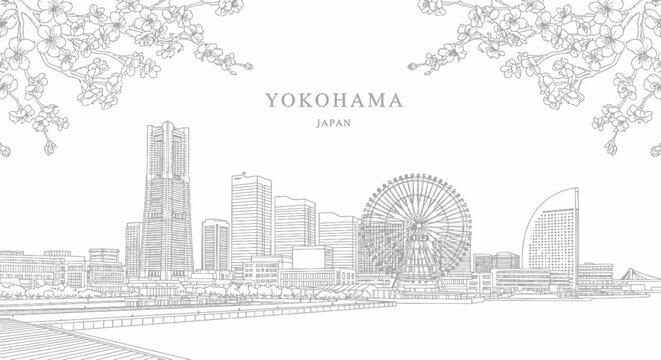 A lineart illustration of the Yokohama skyline featuring the Landmark Tower and Cosmo Clock 21 Ferris wheel framed by cherry blossoms