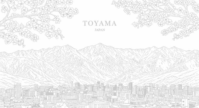 Line art illustration of the Toyama Japan cityscape featuring a dense urban skyline backed by a massive mountain range and framed by cherry blossom branches