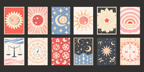 tarot card illustrations set of twelve celestial themed designs © Buddiswar