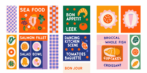 retro food poster grid with illustrations of seafood vegetables and desserts © Buddiswar