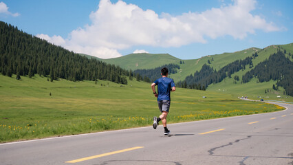 Fototapeta premium Urban Fitness Routine ​Running Along the City Park ​Morning Jog on Asphalt Road ​Road Training Session ​City Runner Perspective ​Speed and Endurance Workout ​Athletic Stride on the Street 
