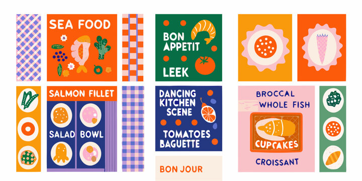 retro food poster grid with illustrations of seafood vegetables and desserts