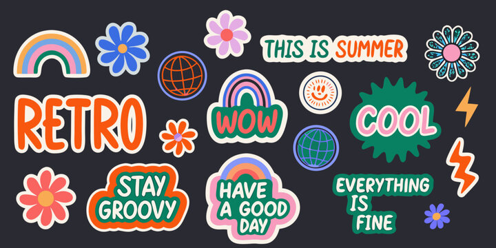 retro summer sticker collection with floral and typographic elements